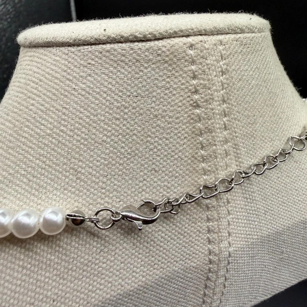 White Faux Pearl Necklace Silver Tone Extender Clasp Coquette Bridal Jewelry